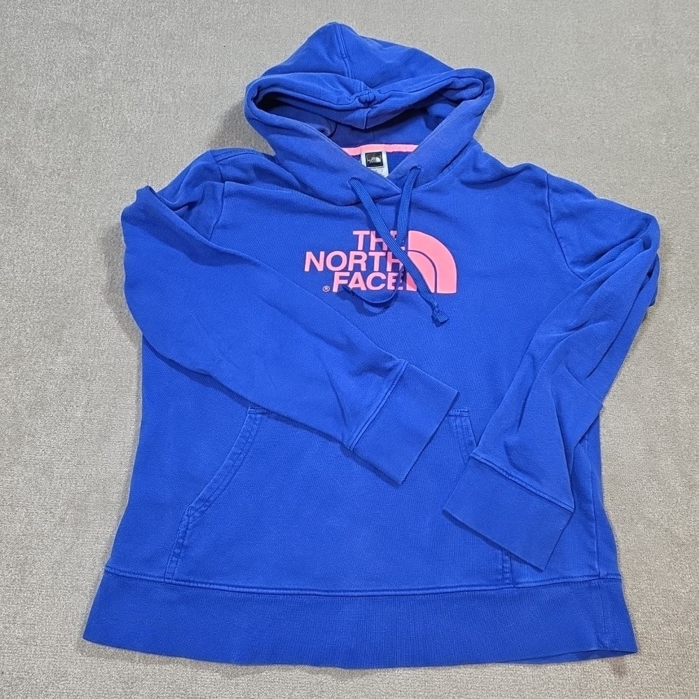 The North Face Women's Large Half Dome Pullover Hoodie Blue Pink Lettering